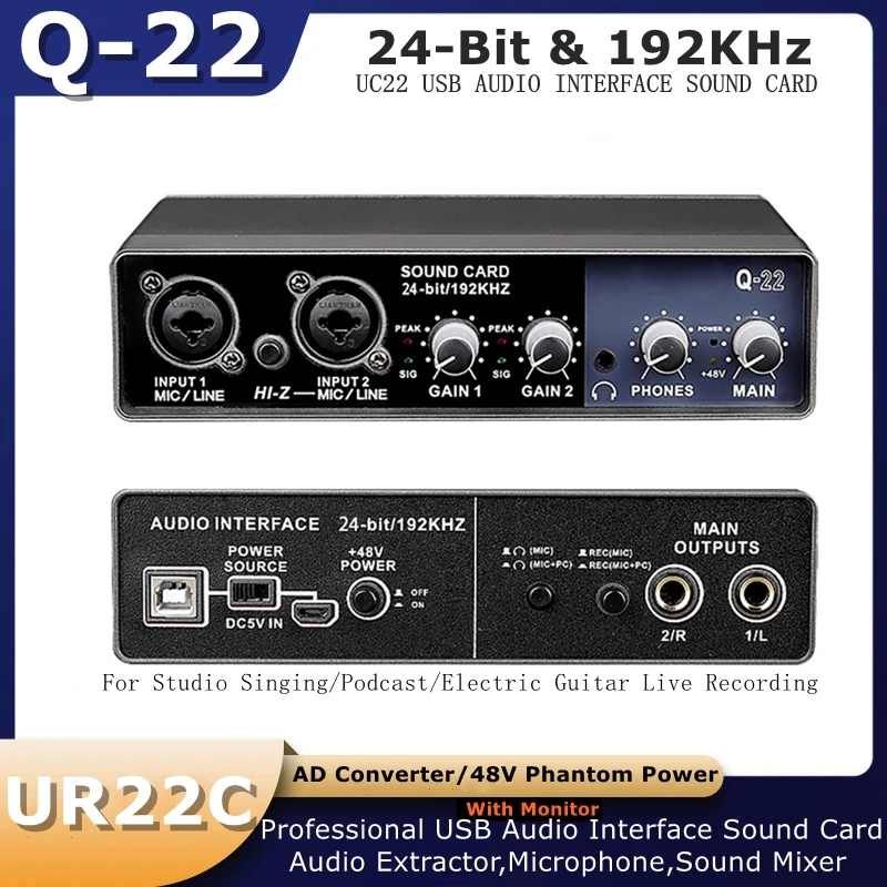 

Q-22 Audio Interface Sound Card Audio Extractor Microphone Sound Mixer For Studio Singing Podcast Electric Guitar Live Recording