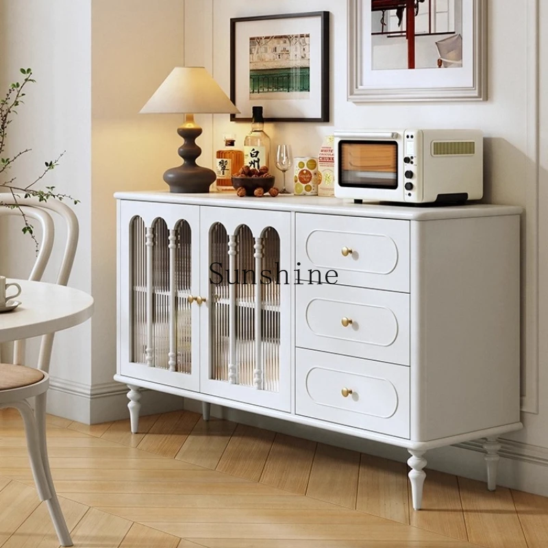 

French small apartment solid wood dining side locker cream style white storage cabinet