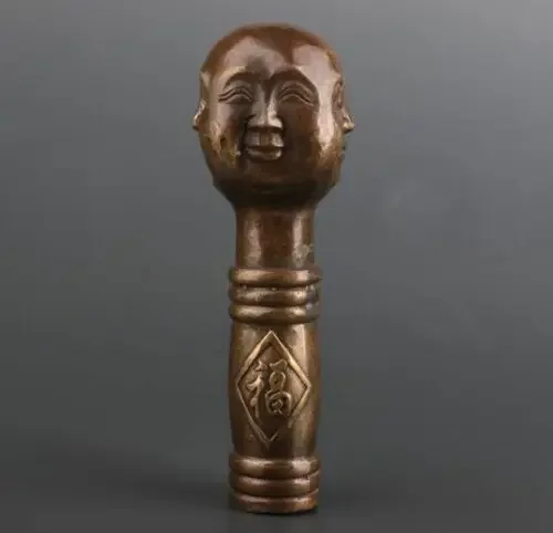 

BRONZE CAST BUDDHIST MAITREYA BUDDHA STATUE WALKING STICK HEAD HANDLE