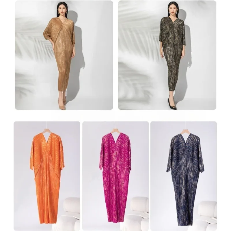 

Miyake Pleated Dress Autumn Women 2025 New Fashion Temperament Hot Gold Bat Sleeve Loose Large Size Long Package Hip Skirt