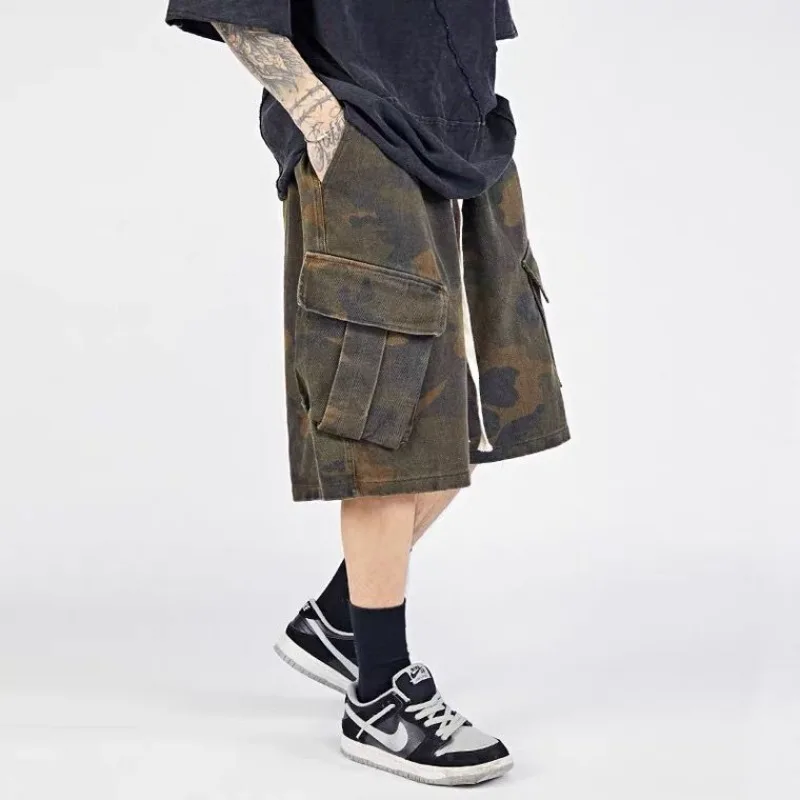 Oversize Men Vintage Camouflage Cargo Shorts Harajuku Streetwear Male New Summer Fashion Sports Casual Knee Lenght Short Pants