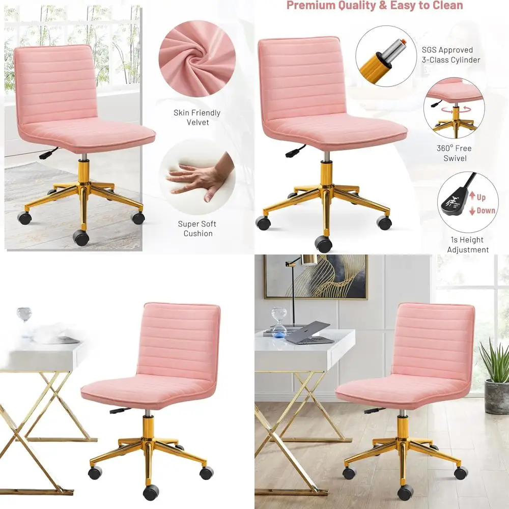 

Розовое офисное кресло из вельвета с регулируемой высотой, поворотное, на колесиках, с подголовником