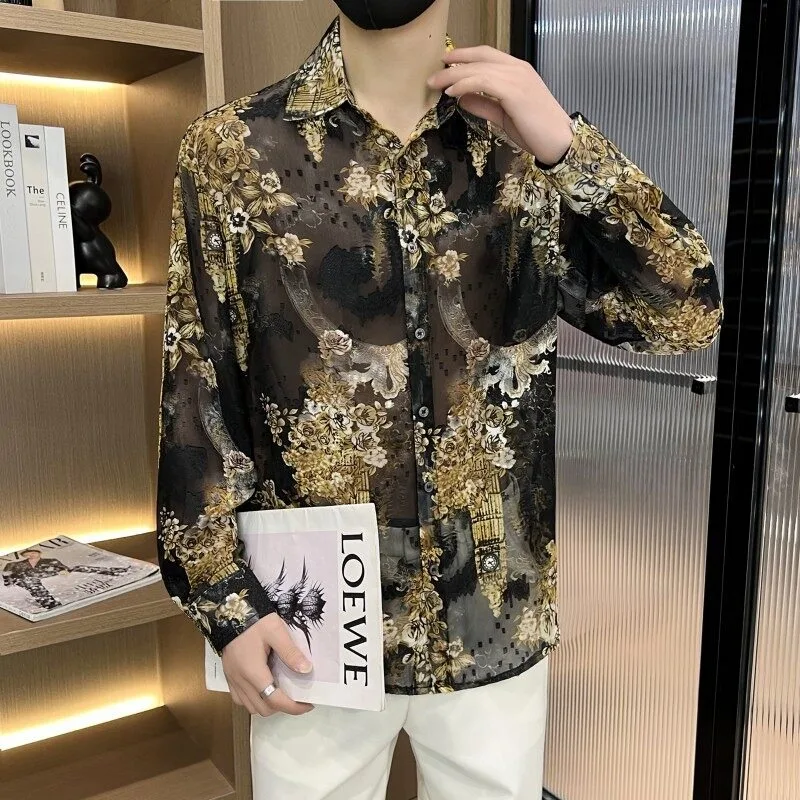 Summer Thin Ice Silk Sunscreen Shirts Men's Trendy Jacquard Casual Long Sleeev Shirt Social Nightclub Streetwear Men Clothing
