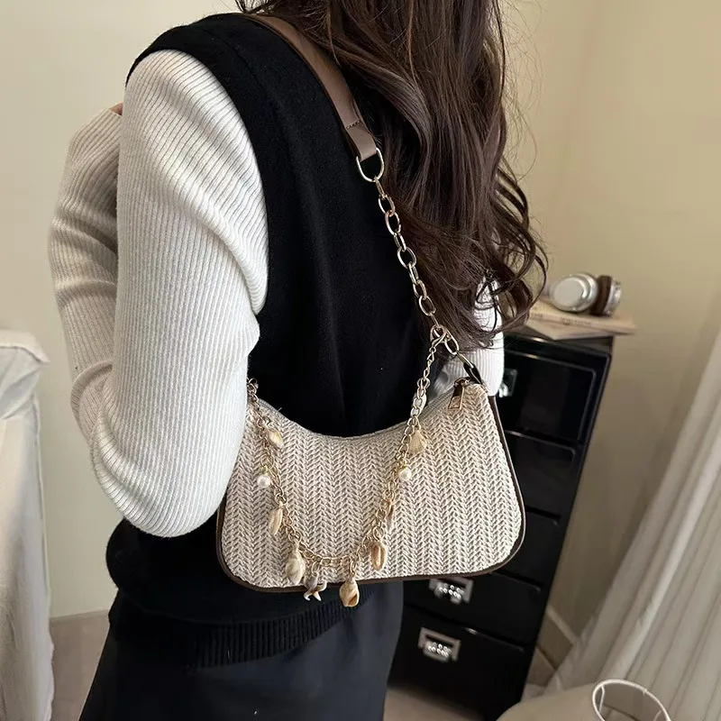 

Beige Khaki Straw Woven Fany Hobo Bag, Gold Chain Underarm Purse with Ocean Shell Charms, Summer Beach Shoulder Bags for Women