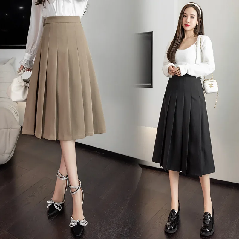 Mid -long Skirt Female Retro Khaki Black Autumn and Winter New Temperament Loose High Waist French A -line Pleated Skirt