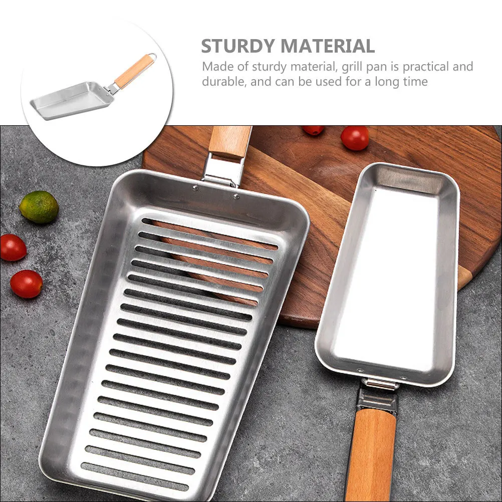 

Bbq Grilling Pan Stainless Steel Barbecue Tray Wooden Handle Practical Kitchen Grill Pan Even Heat Outdoor Camping