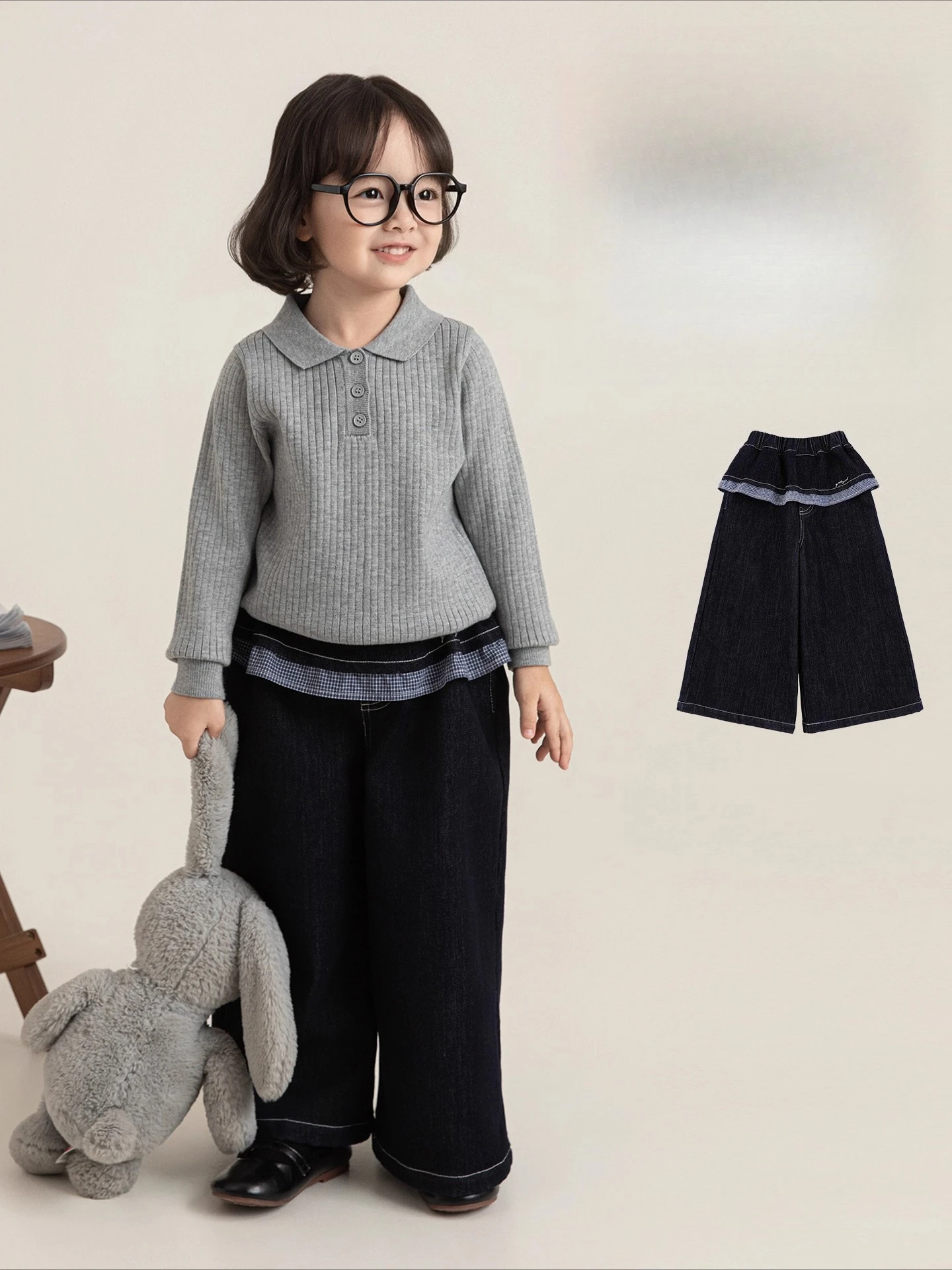 

Girls 2025 Korean FadeProof Flannel Denim Pants Color Block Embroidery Straight Leg Fleece Lined Set Christmas Gift 1-7Y