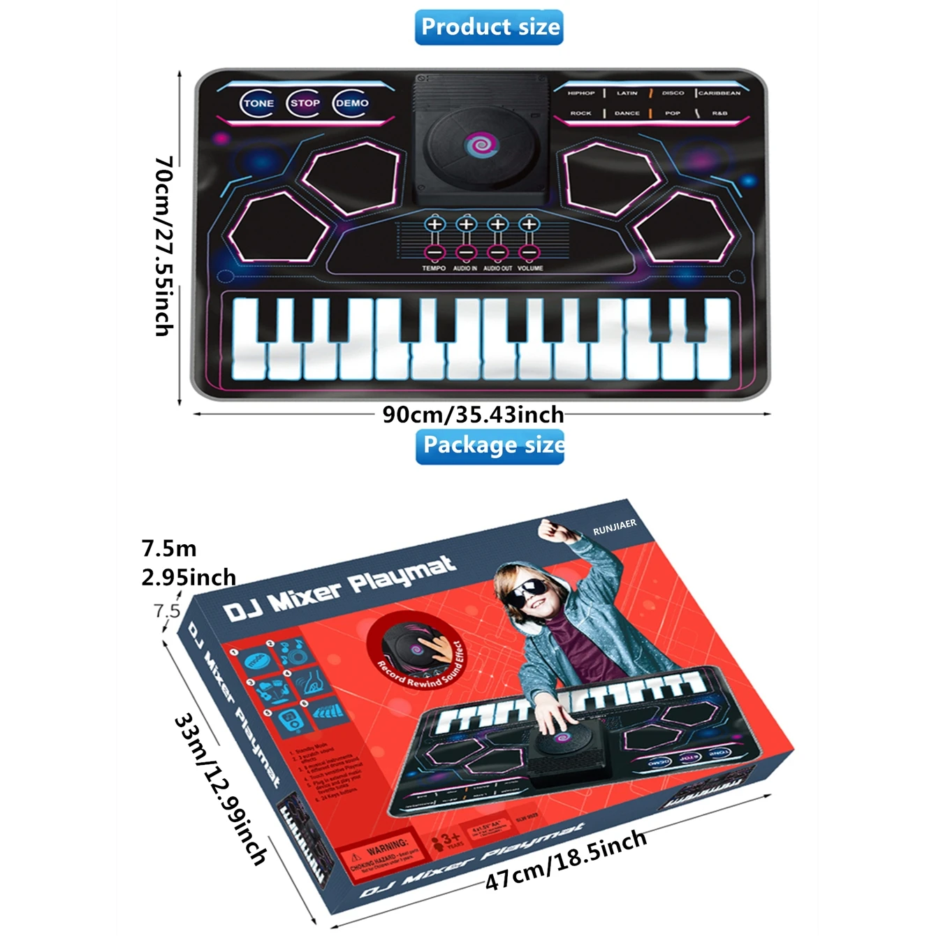 RUNJIAER DJミュージックブランケット、おもちゃの楽器、DJミュージックブランケット（シミュレートされたターンテーブル付き/マイク入力対応、ドラムセット付き）