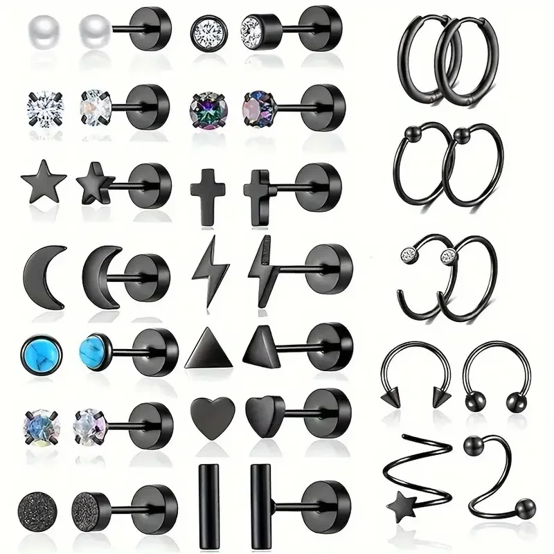 

0.71 oz Stainless Steel Earring Set, 38pcs/Set Hypoallergenic CZ Studs and Hoops