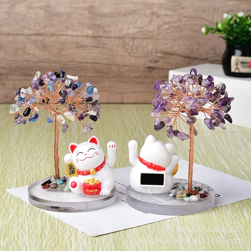 Lucky Cat Base Fate Tree Solar Energy Shake Hands Cat Natural Crystal Crushed Stone Life Tree Handwoven Office Desk Decoration