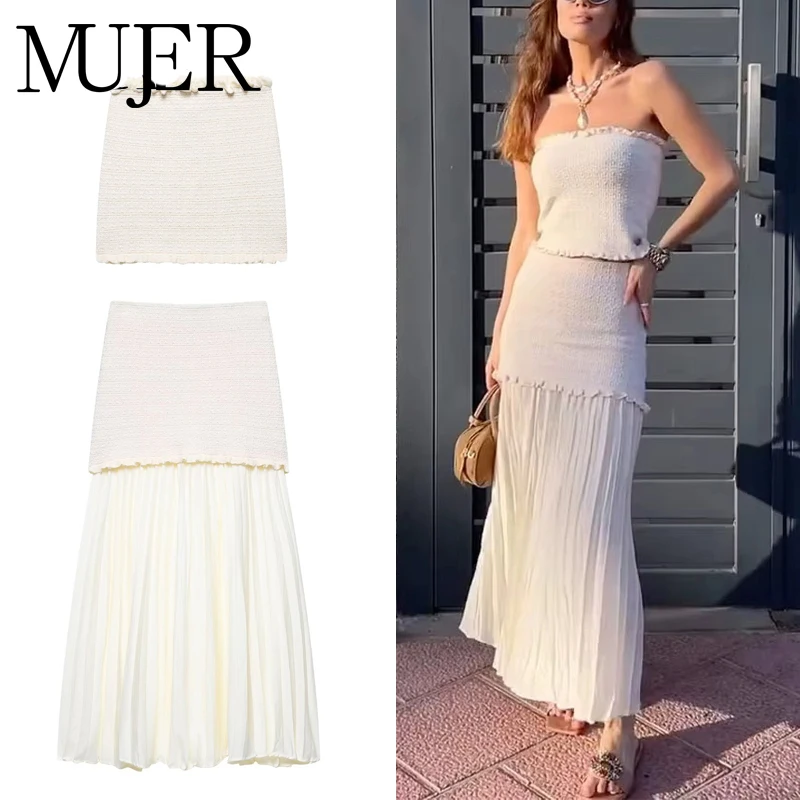 MUJER Rüschen Stricken Crop Top Frauen off Schulter Korsett Top Weibliche Sexy Backless Kurze Tops Frau Sommer Urlaub Rohr Top für Frauen