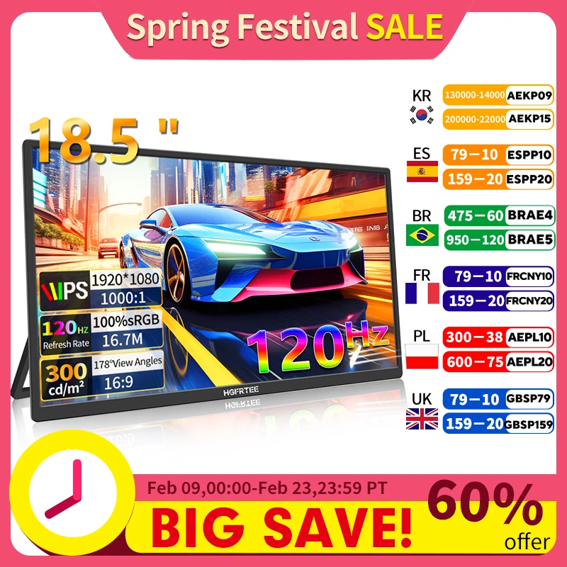 

Портативный игровой монитор HGFRTEE, 18,5 дюймов, 1080P, 16닥 120 Гц, 100% sRGB, 300Cd/m2, дорожный экран для MacBook, ноутбуков, игровых консолей для ПК