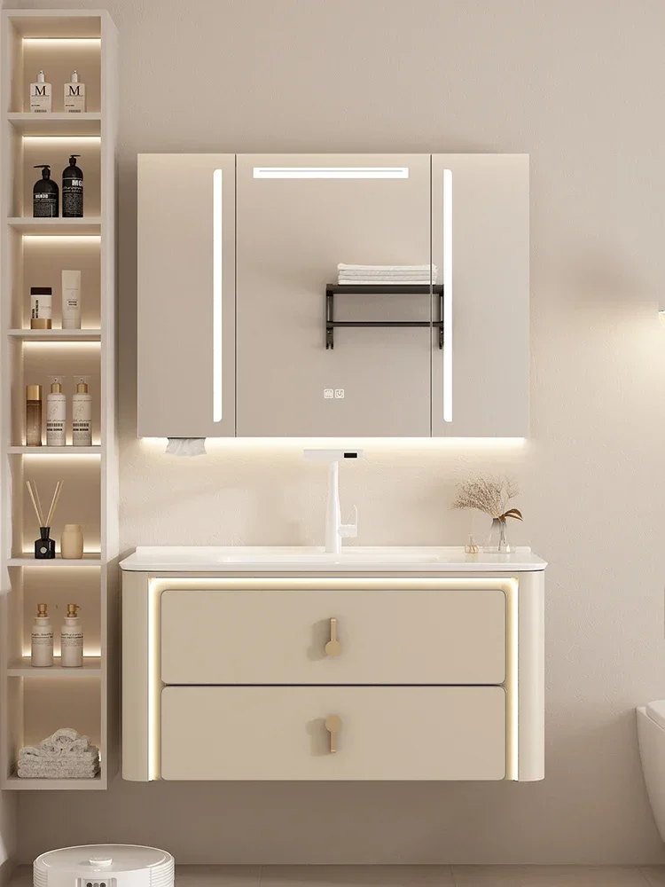 단단한 나무 크림 욕실 캐비닛 세라믹 전체 세면대 측면 보관 화장실 손 세척 욕실 캐비닛 조합