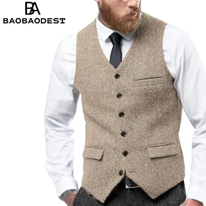 

Men's Vintage Herringbone Vest | Slim Fit Wool Tweed Waistcoat for Prom/Wedding (Classic Retro Style) Herringbone Weave