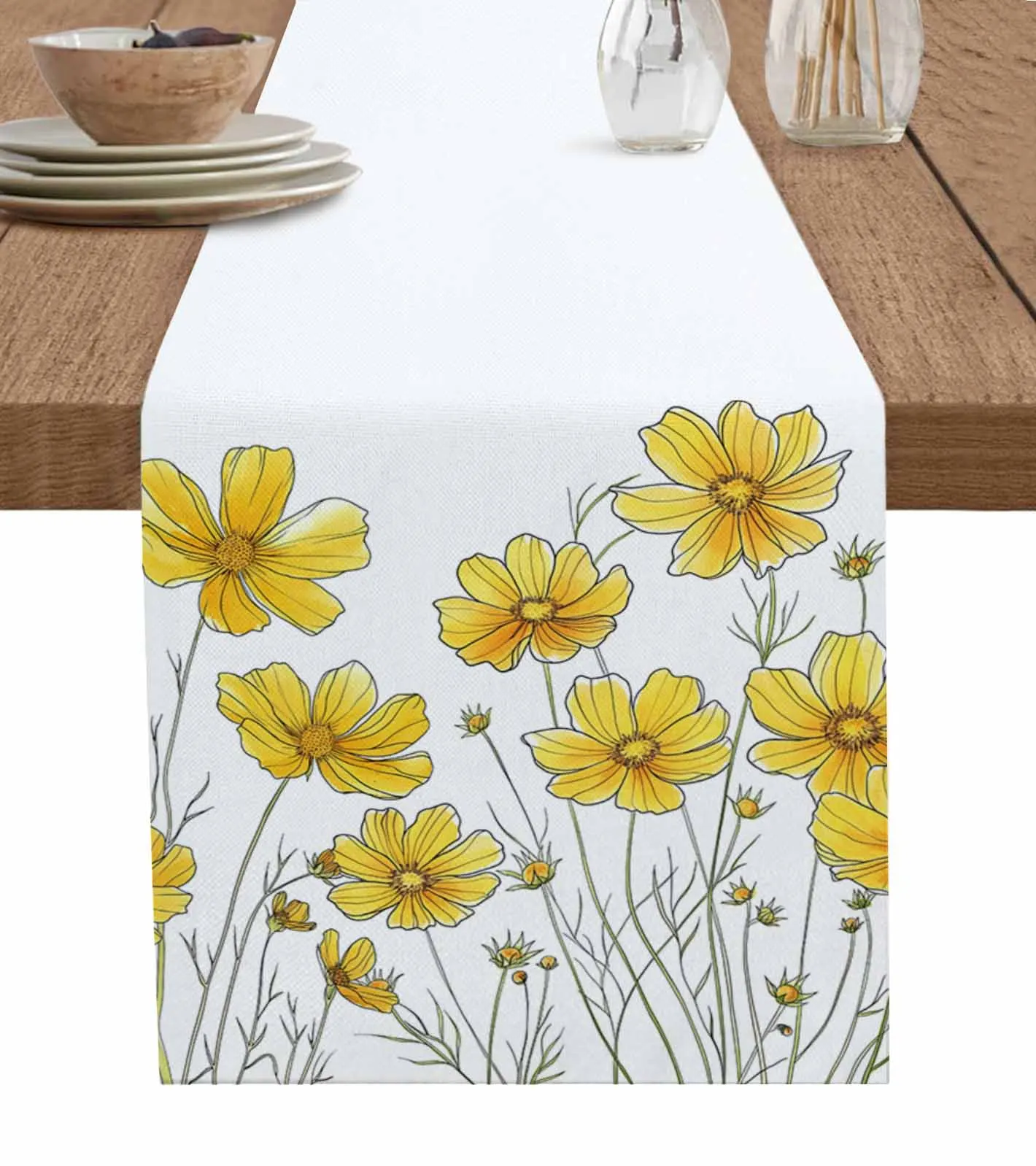 Minimalist Floral Watercolor Style Chrysanthemums Modern Linen Cotton Table Cloth Decoration For Home Wedding Christmas Party