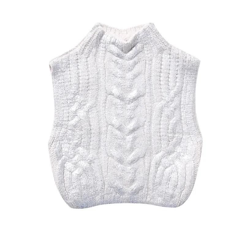 High Street Sleeveless Knitted Sweater Vest Stand-up Collar Cropped Top Fashion Metallic Color Twist Crochet Pullover For Women 