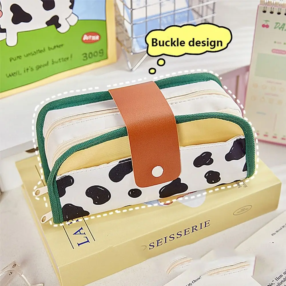 Portable American style Cow Pattern Pencil Case Zipper Multi-storey Pen Bag Stripe PVC Stationery Pencilcase Students