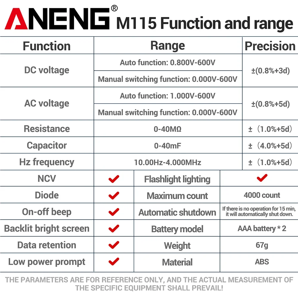 ANENG Digital Multimeter Multi-Function 4000-Count Display Tester M115 with Capacitance Hz Frequency Measurement  Testing Tools