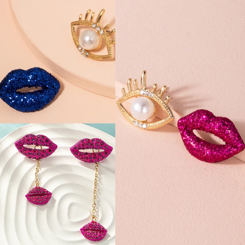 3 Pair Set Valentine Lips Gift Earring Stud Set Blue Fuchsia Glitter Crystal Stone Gold Color Evil Pearl Cute Girls Jewelry Set