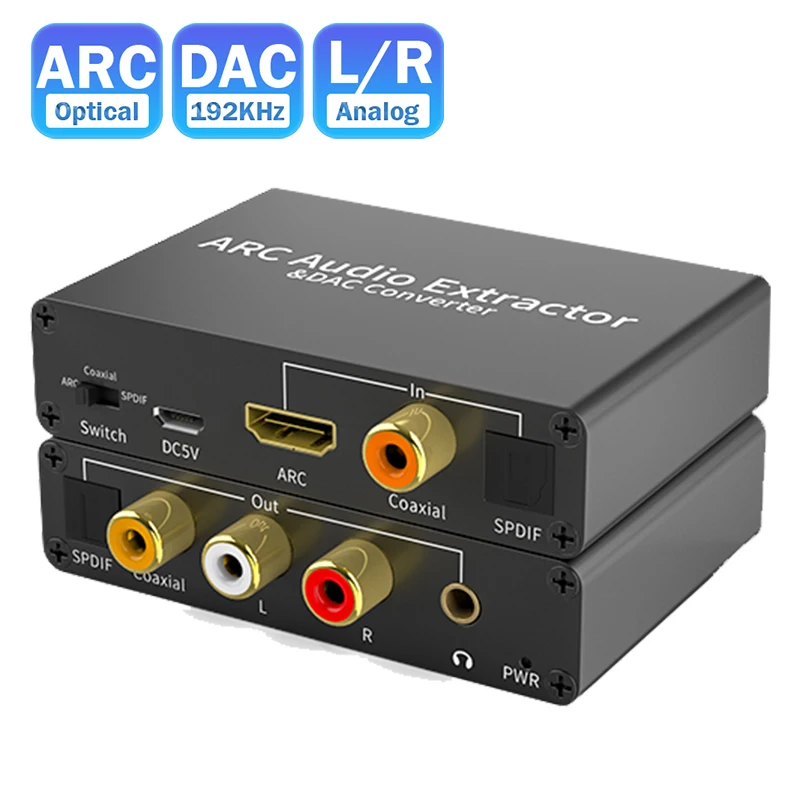 192KHz DAC Audio Converter HDMI ARC Extractor Digital to Analog ARC Return to Optical SPDIF Coaxial L/R 3.5mm for TV Soundbar