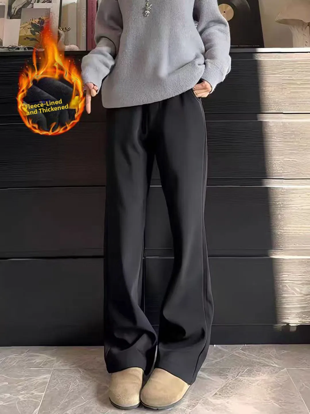 

Cleanfit Bla Knife Thiened Fce Straight Leg Men's Winter Pants Slimming High Waist Micro Flared Trousers