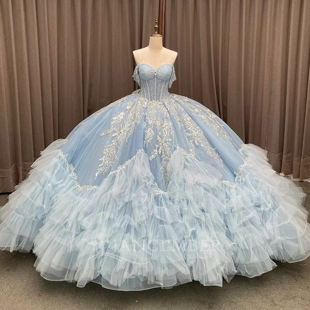 

Ruffles Customized Glitter Crystal Beading Ball Gown Quinceanera Dresses Off The Shoulder Sequined vestidos de 15 quinceañeras