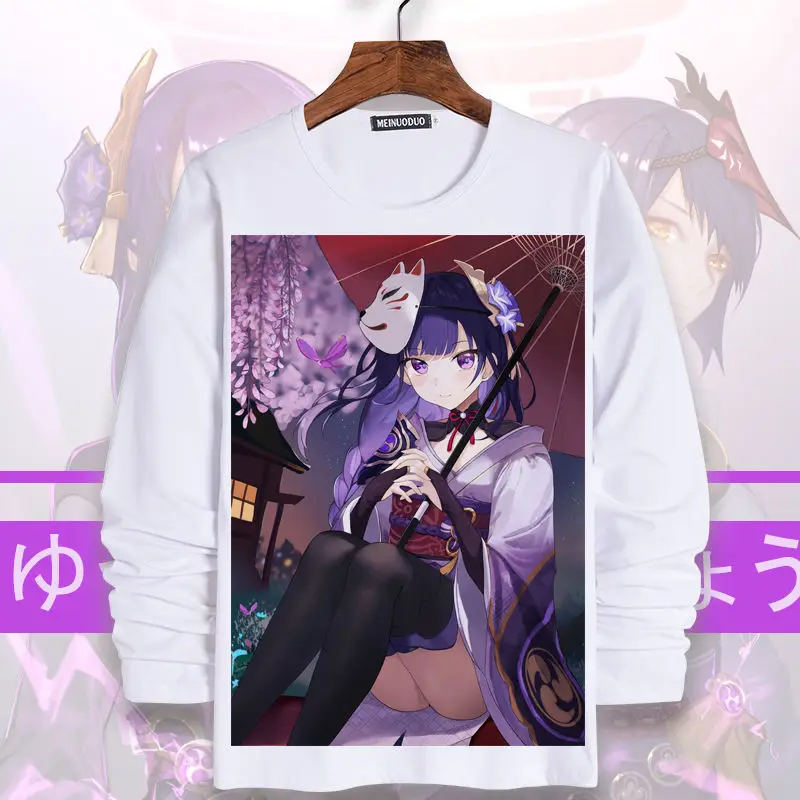 Anime Game Impact Cosplay Raiden Shogun Women Men Long Sleeve T-shirts Autumn Print Plus Velvet Loose Students T-shirt Gift