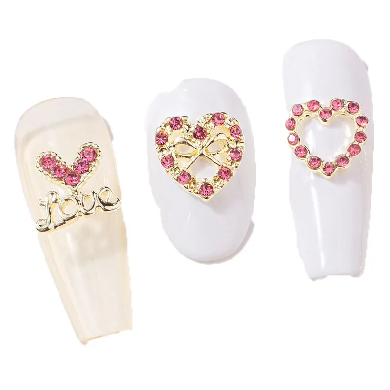 10PCS Nail Charms Parts For Valentine\'s Day Nail Decoration Rose Gold Heart Design Alloy Nail Tips Jewelry Manicure Accessories