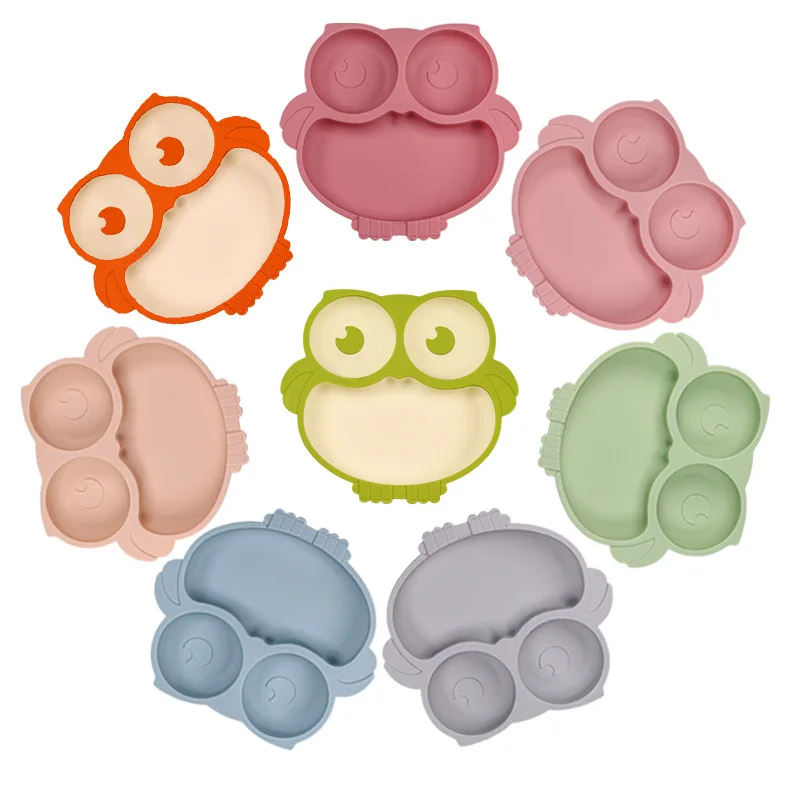 New children's plate sucker One two-color plate silicone plates Owl plate Sucker bowl Children's food cartoon plate 2024