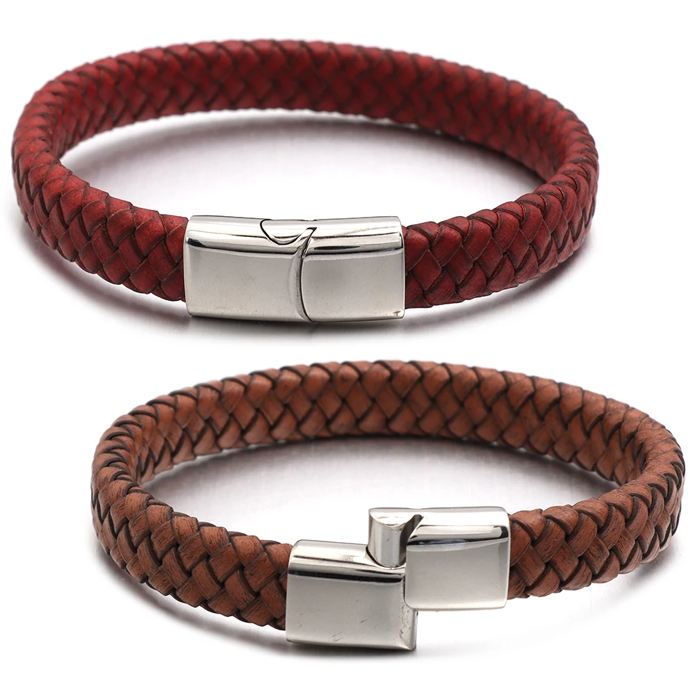 1pc 20g 18.5/20.5/22cm Wine Red Leather Rope Stainless Steel Magnetic Buckle Vintage Leather Bracelet For Men Women Jewelry Gift