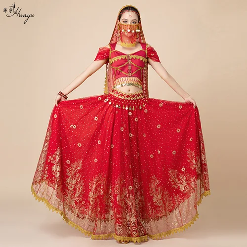 Imagen 2 del producto 1 juego por lote, trajes de danza del vientre de princesa dulce para mujer, top y falda de danza india para mujer, disfraces de actuación de halloween