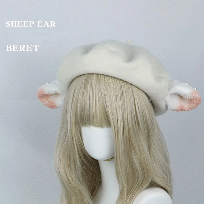 Solid Color Cute Sheep Ears Beret Lolita Octagonal Hat Painter Hat All-match Warm Surprise Gift for Chilly Outdoor Activities