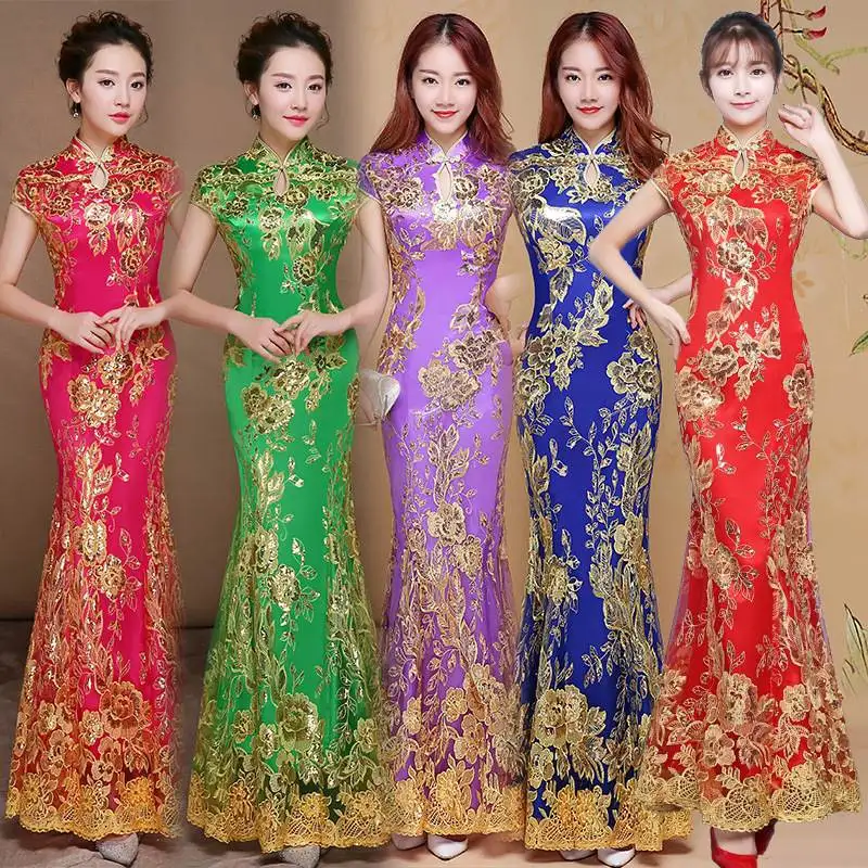 Vestido largo de cola de sirena para mujer, ropa de Año Nuevo Chino, cheongsam rojo, qipao, boda, talla grande, lentejuelas de noche, dragón, Fénix