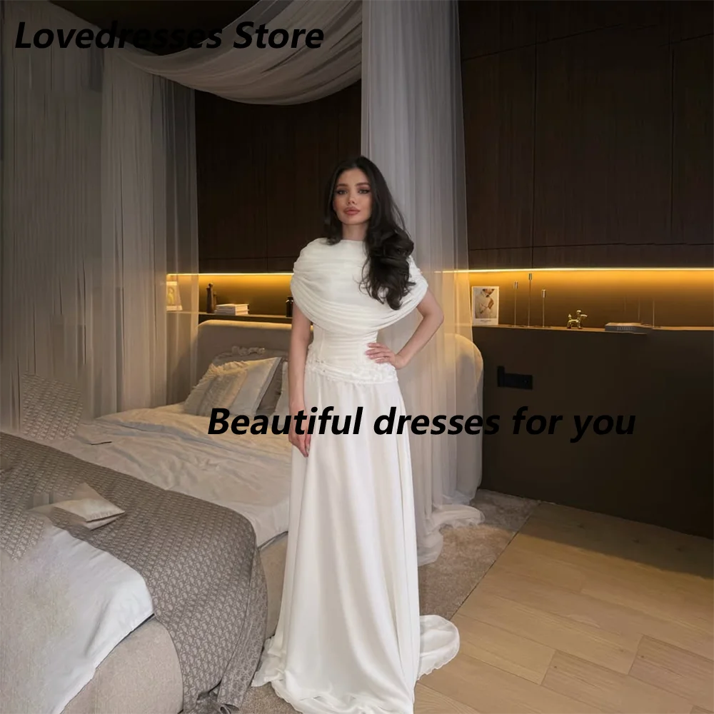 

Elegant White Evening Dress Customized Chiffon Appliques Pleated A Line High Collar Evening Gown Floor Length Prom Party Dresses