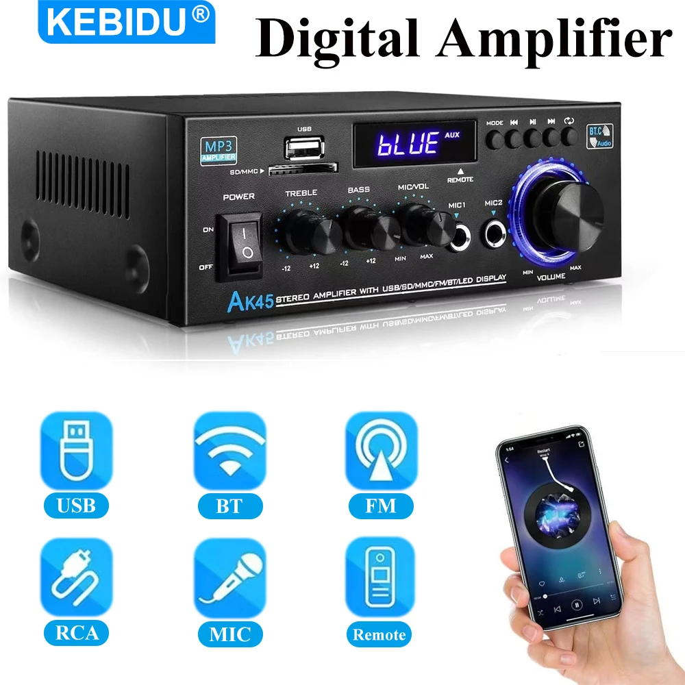 

Аудиоусилитель KEBIDU AK45 Bluetooth, цифровой Hi-Fi усилитель, MP3-плеер, 2.0-канальный, 800 Вт, стереоусилитель для дома, автомобиля, караоке