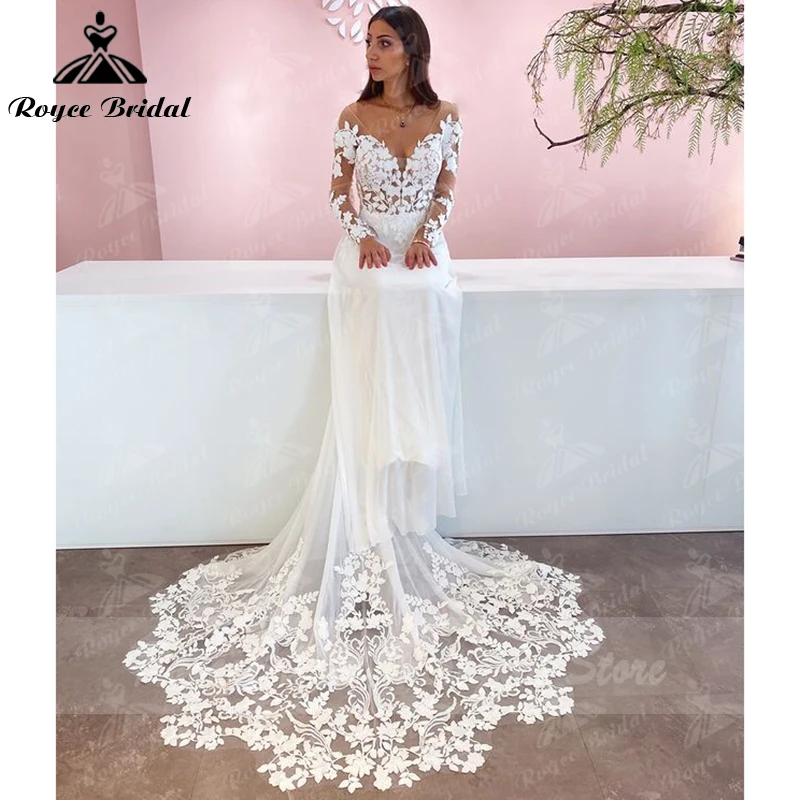 Impresionante Vestido De boda De corte A con botones en la espalda, ilusión, manga larga, encaje recortado, gasa, cuello en V, Vestido De tren De novia