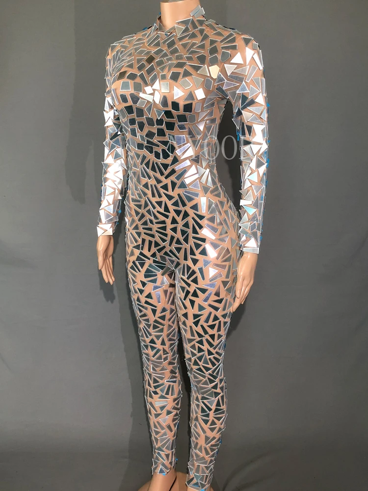 Shining Silver Mirrors Jumpsuit Mesh Dance Costume Women Stage Performance Dance Net Yarn Bodysuit Sexy Nightclub Wear