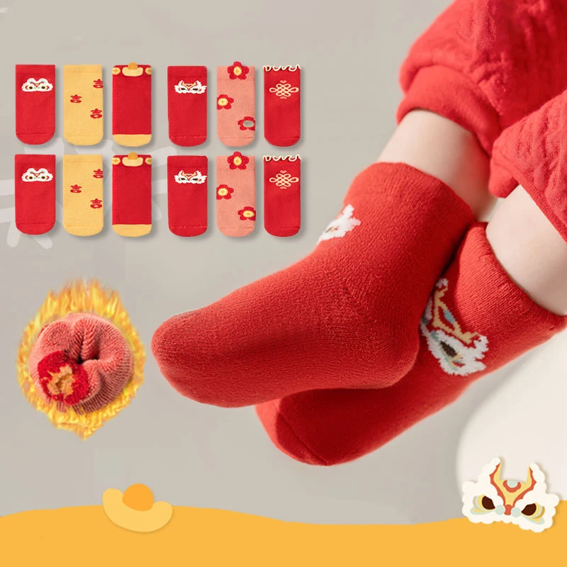 

3 пары милых детских плюшевых носков, новогодние красные детские носки средней длины, утепленные бархатные зимние теплые носки для детей 0-3 лет, счастливая обувь для малышей