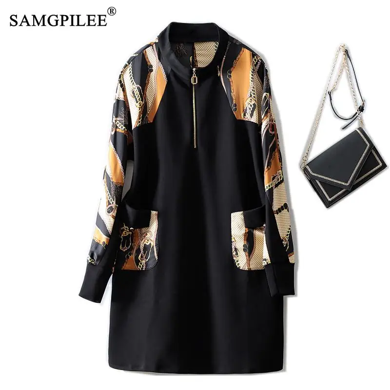 

SAMGPILEE Retro Winter Women Dress Chiffon Space Cotton Stand Collar Zipper Big Pocket Straight Autumn Casual Women's Dresses