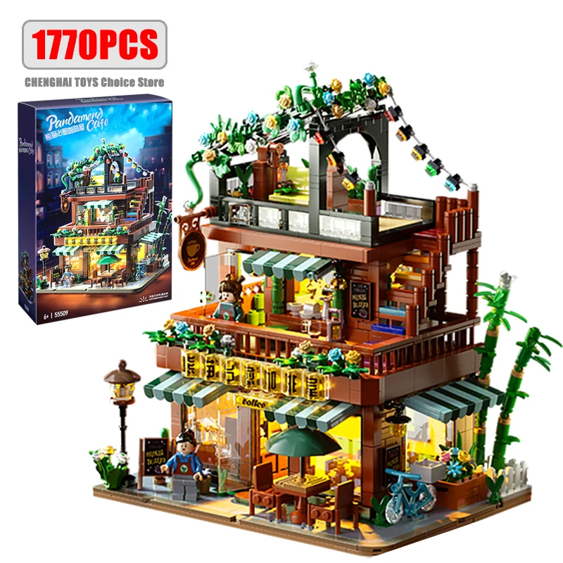 

1770PCS Panda Cafe Buildings Sets MOC City Street Coffee House Model Modular Construction Buildings Blocks Gifts for Adults Kids