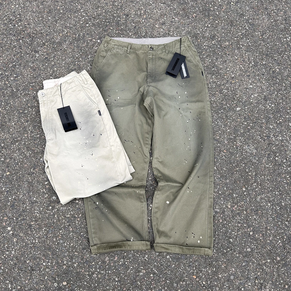 

NBHD 24SS GE CHINO Japanese Waed Distred Ink Splatter Workwear y Casual Pants Loose Fit mid Waist Long Trousers