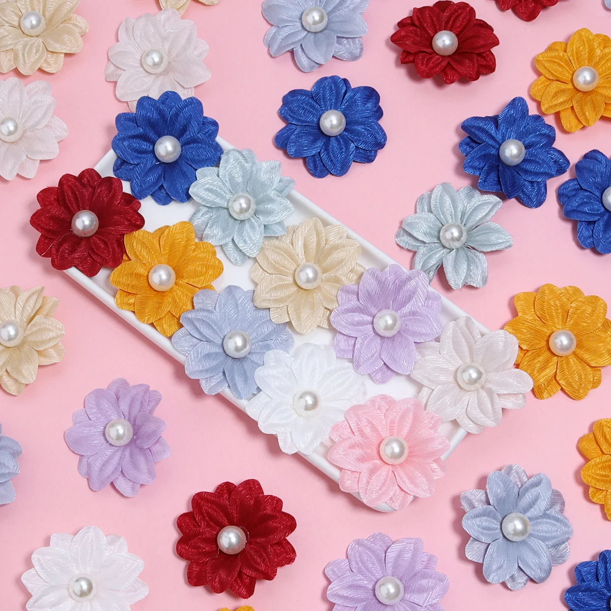 10ชิ้น4ซมผ้าโพลีเอสเตอร์ดอกไม้สีแฮนด์เมดหกกลีบดอกไม้มุกสำหรับ DIY เข็มกลัด Headwear อุปกรณ์ประดับตกแต่งเสื้อผ้า