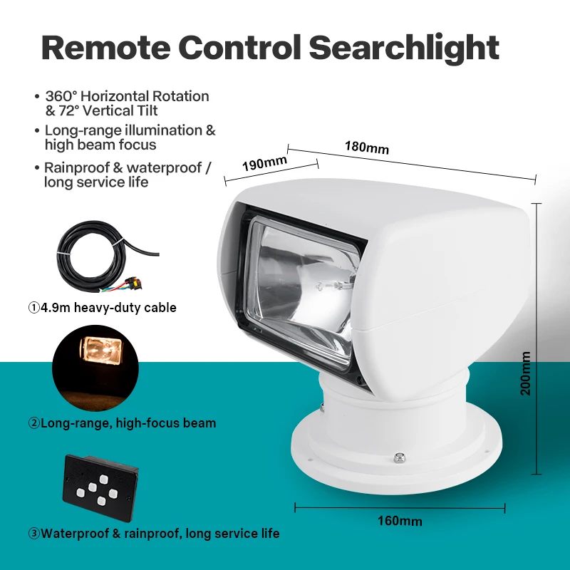 12V 100W Round Base Halogen Marine Remote Control Searchlight Round Base Boat Yacht Spotlight for Navigation Docking Search Lamp