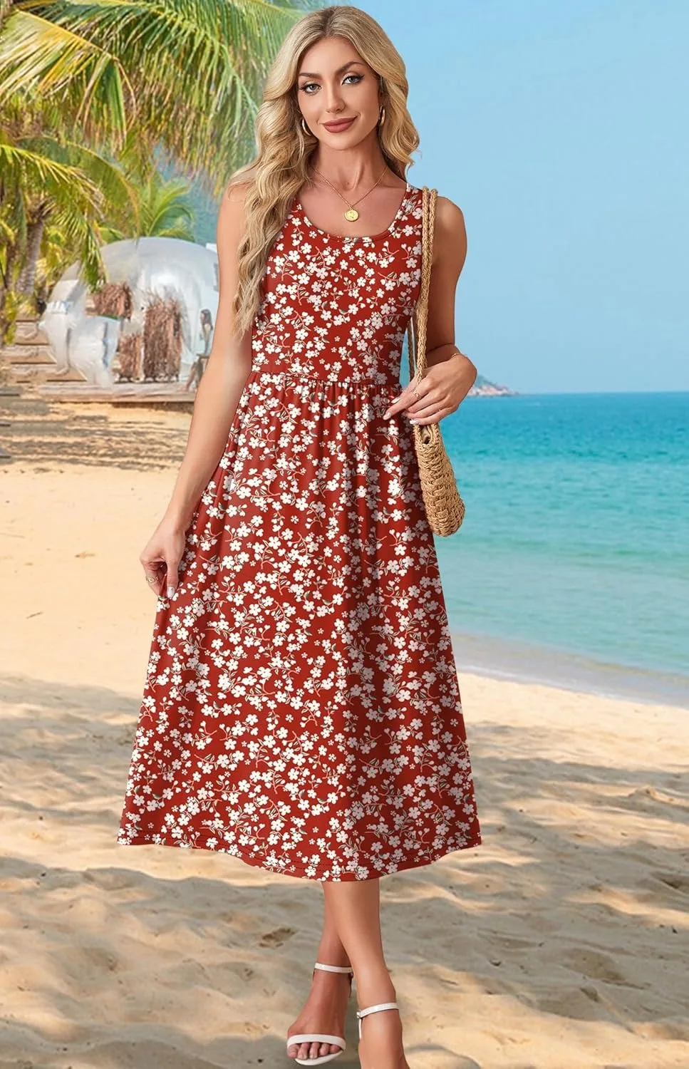 2026 Sommer Neue Kleider für Damen Bedrucktes Lässiges Midikleid Modisches Ärmelloses Rundhals-Strandkleid mit Taschen – Detail 21
