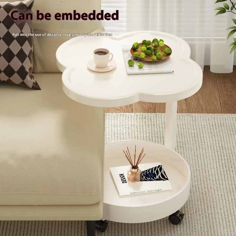 Mesa auxiliar de sofá móvil de estilo crema moderno, mesa de centro con ruedas, estante de almacenamiento, mesita de noche de plástico pequeña para balcón