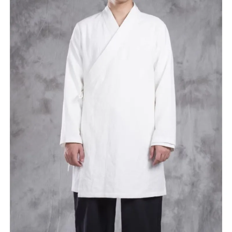 

2025 улучшенная рубашка ханьфу в китайском стиле, мужской молодежный костюм Тан, льняная куртка в стиле ретро, длинный кардиган на бретельках, халат