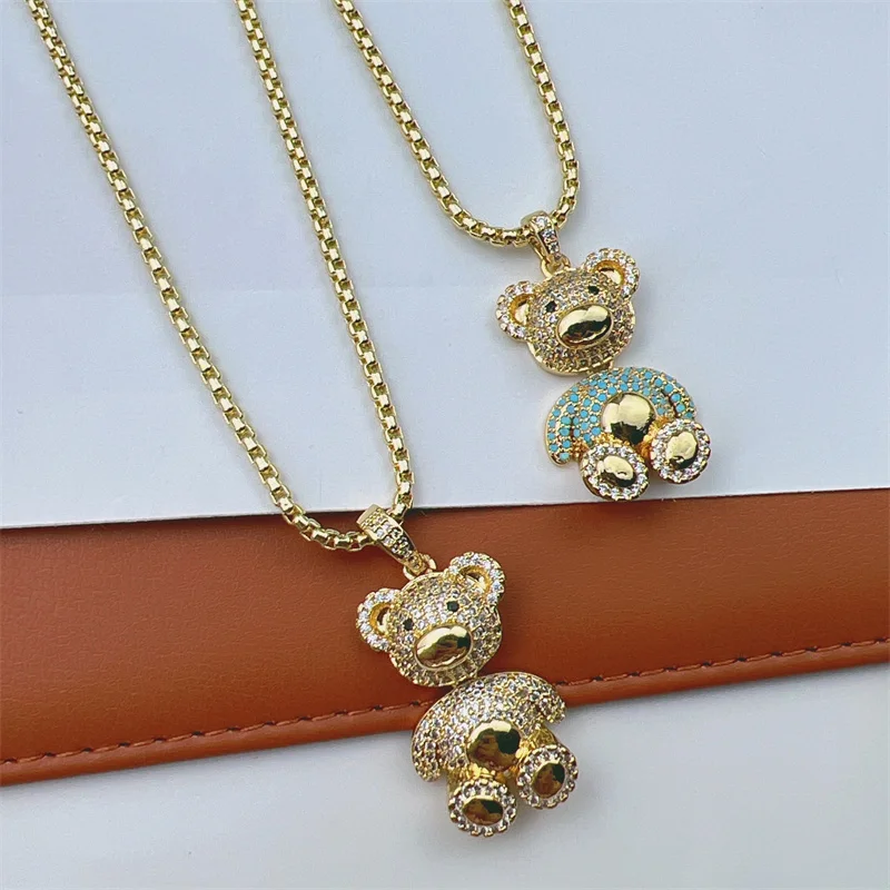 2023 Fashion Cute CZ Crystal Teddy Bear Necklaces For Women Copper Gold Plated Heart Bear Necklaces Animal Jewelry Gifts