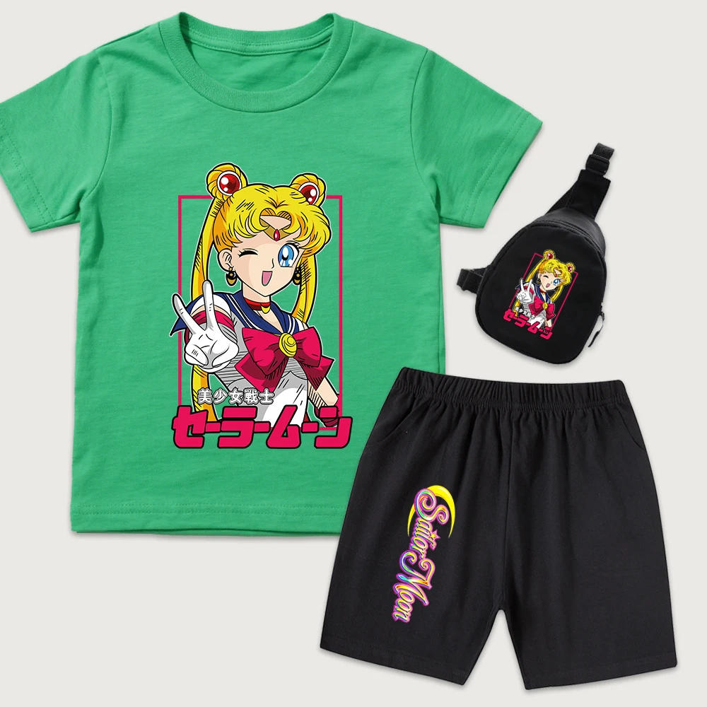 Girls Sailor Moon Print T Shirt Shorts Set with Mini Chest Bag Anime Cartoon Summer Outfit Casual Two Piece Clothing for Kids
