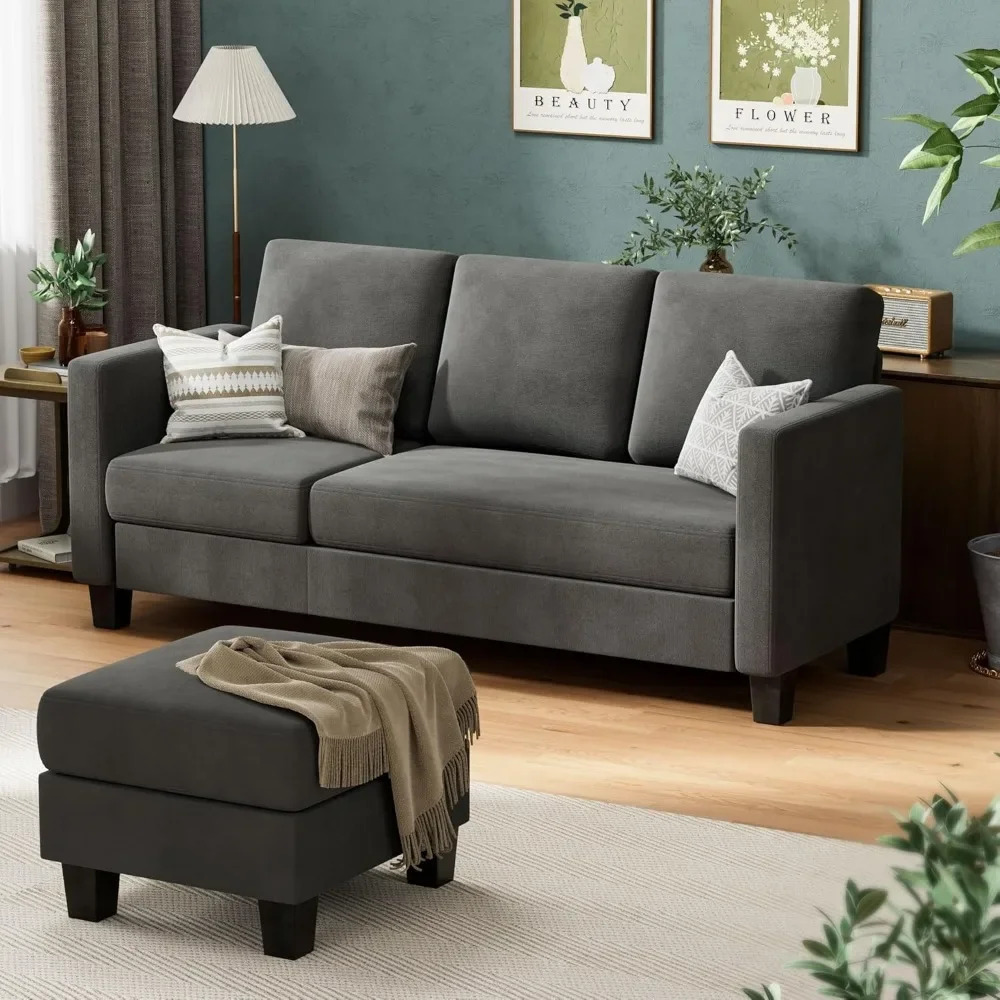 Convertible Sectional Sofa Couch, 3 Seat L-Shaped Sofa with Linen Fabric, Movable Ottoman Small Couch