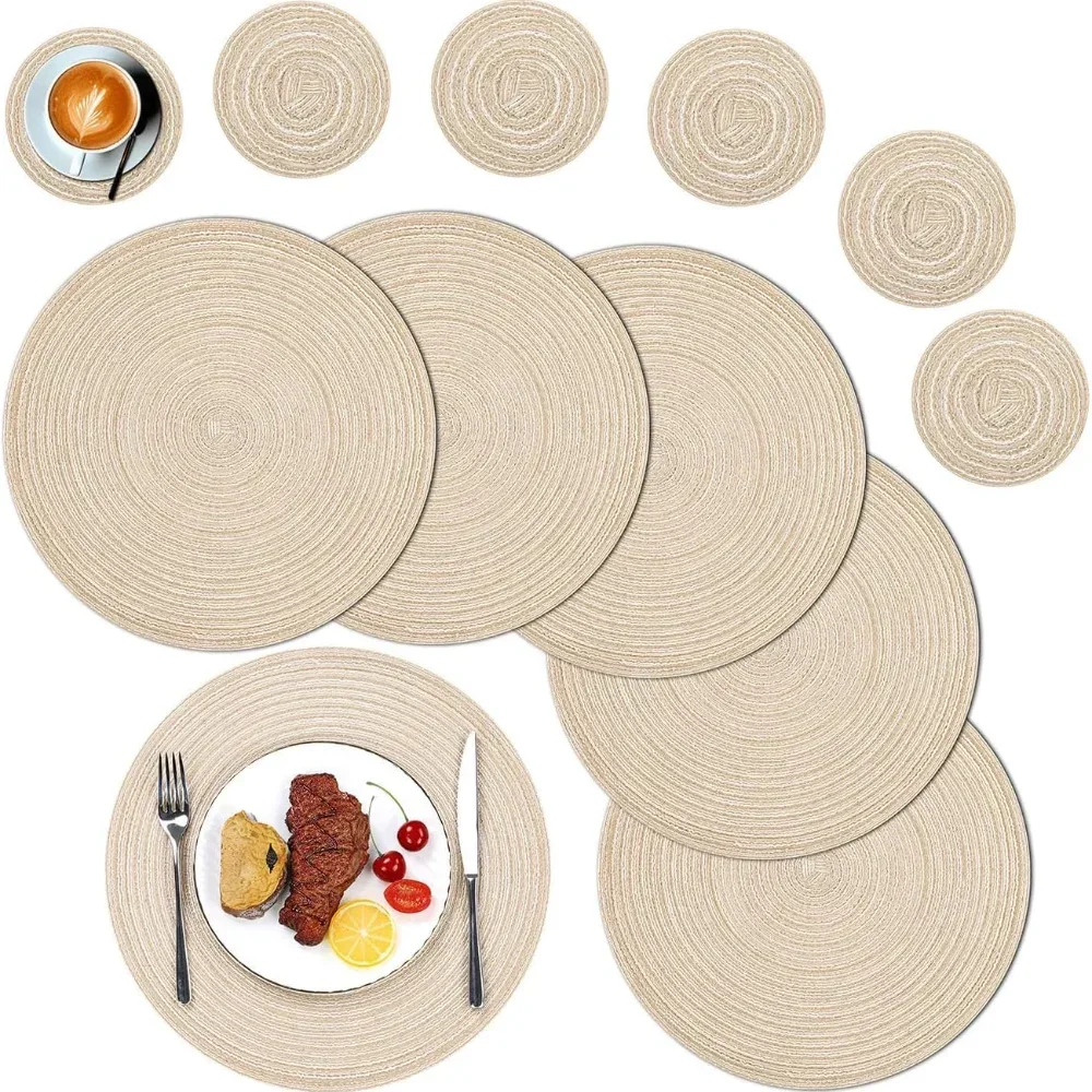 Set of 6 Round Placemats and Coasters Braided Woven Place Mats Washable Heat Resistant Table Mats and Coasters for Dining Table